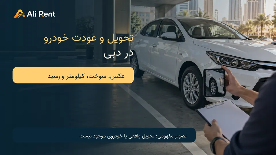 تصویر مفهومی بازرسی یک سدان در پارکینگ با تلفن و برگهٔ سفید و لوگوی رسمی علی‌رنت؛ تحویل واقعی یا خودروی موجود را نشان نمی‌دهد
