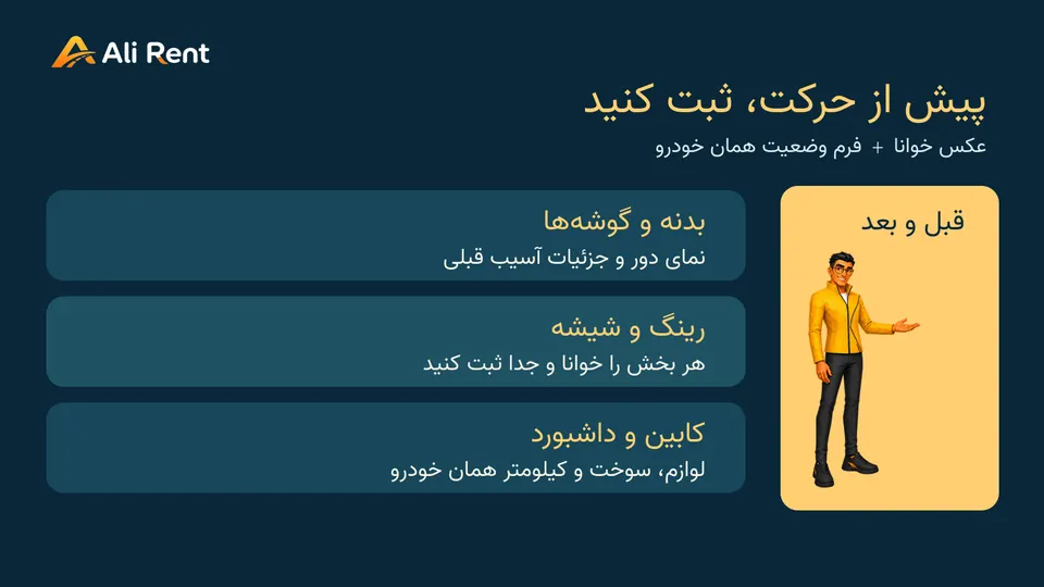 چک‌لیست عکس بدنه، رینگ و شیشه، کابین و داشبورد هنگام تحویل ماشین اجاره‌ای در دبی با لوگو و مسکات رسمی علی‌رنت