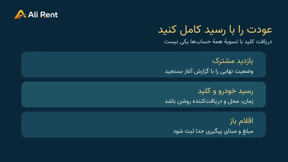 سه مرحلهٔ عودت خودرو در دبی: مقایسهٔ وضعیت با فرم آغاز، رسید دریافت خودرو و کلید، و پیگیری اقلام باز با لوگوی علی‌رنت و بدون مسکات