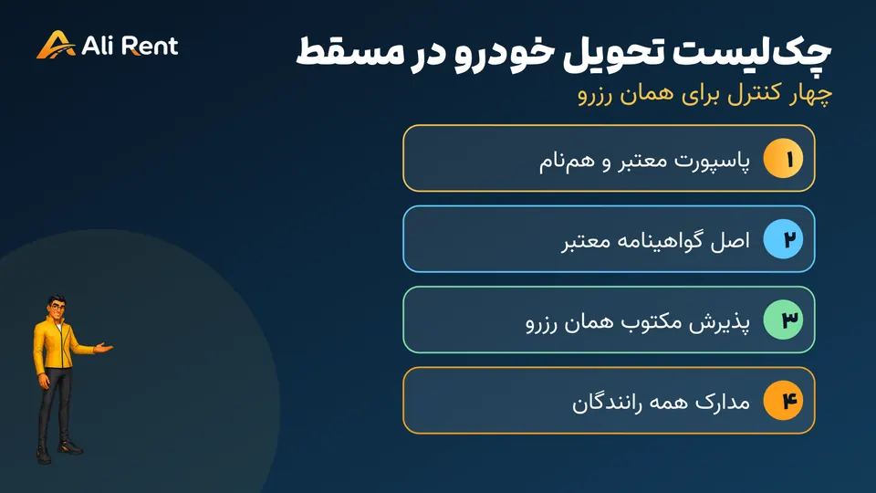 چک‌لیست علی رنت برای پاسپورت گواهینامه و تأیید شرایط راننده در مسقط