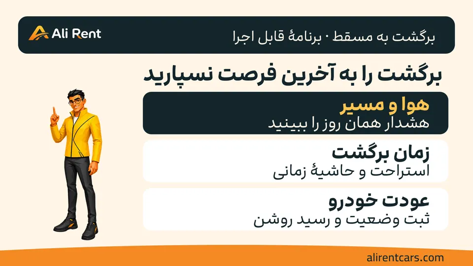 برنامهٔ برگشت شامل هوا، زمان و رسید خودرو در قالب کرم و نارنجی با مسکات رسمی تمام‌قد کوچک