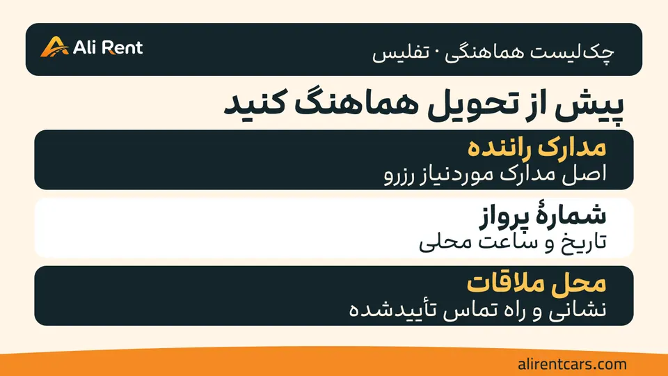 چک‌لیست آموزشی با زمینهٔ کرم برای تأیید مدارک راننده، شمارهٔ پرواز و محل ملاقات در رزرو تفلیس