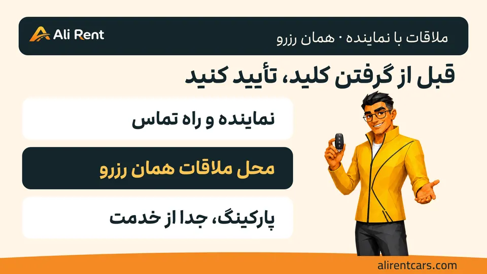 اینفوگرافیک گرم با مسکات رسمی نیم‌تنه و سه تأیید مستقلِ نماینده، محل ملاقات و هزینهٔ پارکینگ