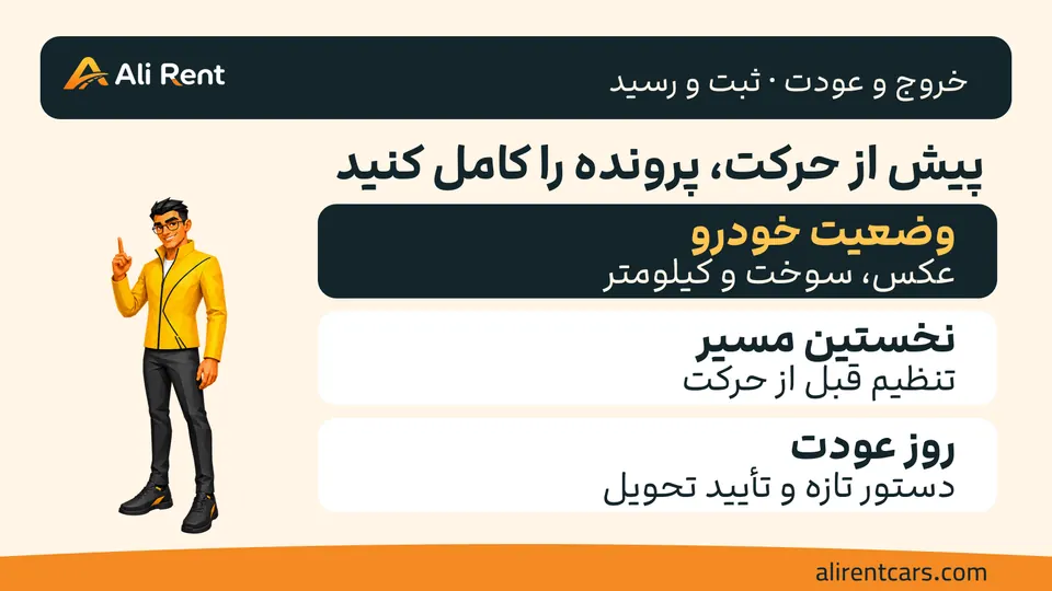 تصویر آموزشی با مسکات رسمی کوچک برای ثبت سوخت و کیلومتر، آماده‌کردن مسیر و گرفتن دستور جداگانهٔ عودت