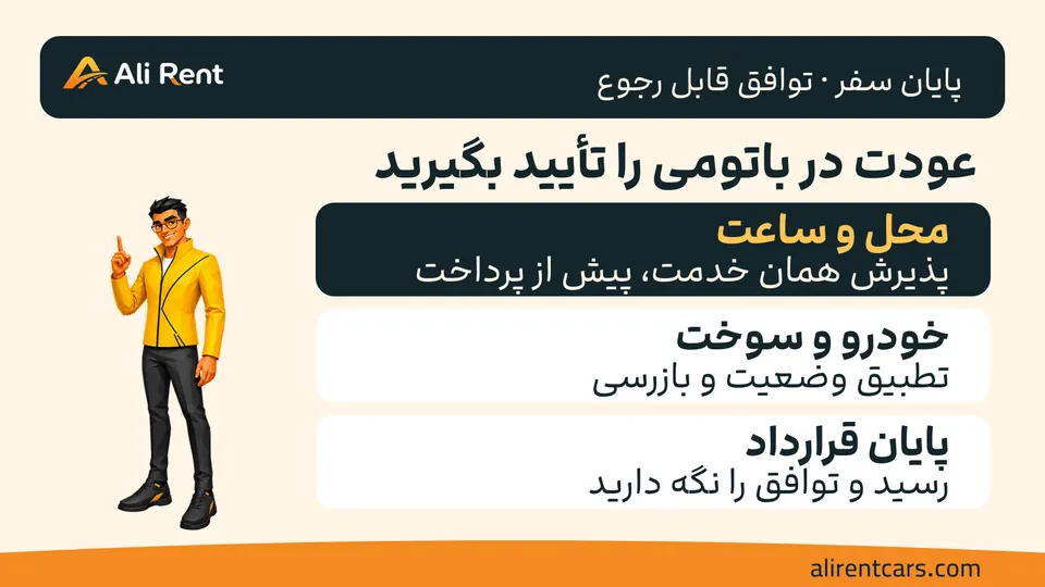 سه مرحلهٔ برنامهٔ بازگشت شامل محل و ساعت تأییدشده، سوخت و بازرسی و رسید؛ مسکات رسمی کوچک تمامقد سمت چپ با هر دو کفش کامل
